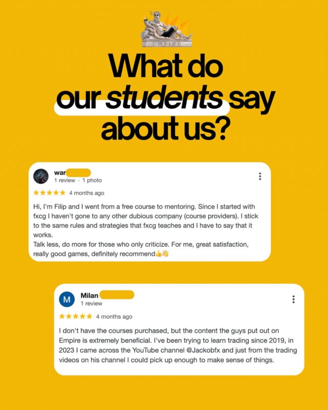 🔹 What do our students say about us? 🔹

We don't just offer courses to our community. You can become part of our Discord EMPIRE trading group. It's not a group just about signals and analysis - it's a space where we pass on know-how, share strategies and grow together.

📊 Real-time fundamental news
📈 Technical analysis and trading outlooks
🤝 Support from experienced traders

Be there! 🚀