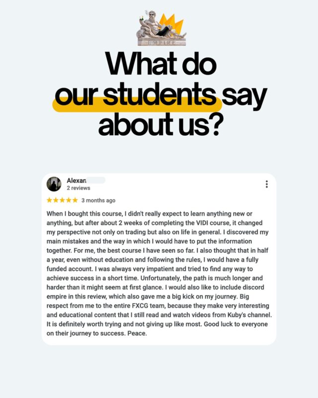 🔹 What do our students say about us? 🔹

We don't just offer courses to our community. You can become part of our Discord EMPIRE trading group. It's not a group just about signals and analysis - it's a space where we pass on know-how, share strategies and grow together.

📊 Real-time fundamental news
📈 Technical analysis and trading outlooks
🤝 Support from experienced traders