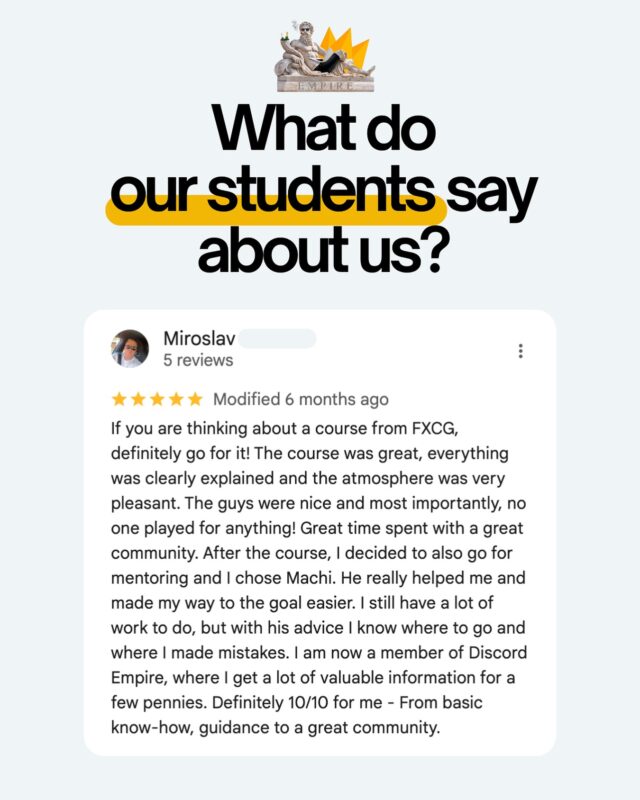 🔹 What do our students say about us? 🔹

We don't just offer courses to our community. You can become part of our Discord EMPIRE trading group. It's not a group just about signals and analysis - it's a space where we pass on know-how, share strategies and grow together.

📊 Real-time fundamental news
📈 Technical analysis and trading outlooks
🤝 Support from experienced traders

Be there! 🚀