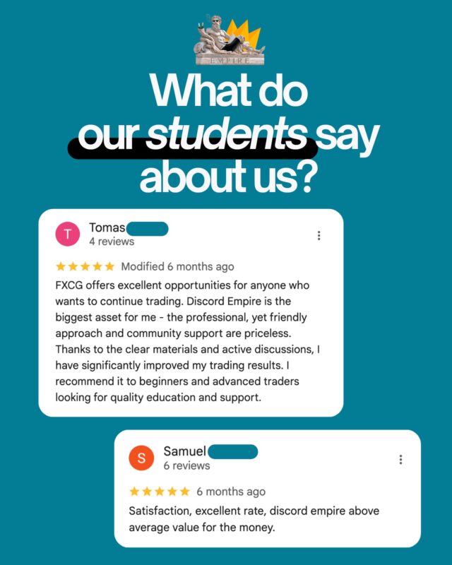 🔹 What do our students say about us? 🔹

We don't just offer courses to our community. You can become part of our Discord EMPIRE trading group. It's not a group just about signals and analysis - it's a space where we pass on know-how, share strategies and grow together.

📊 Real-time fundamental news
📈 Technical analysis and trading outlooks
🤝 Support from experienced traders

Be there! 🚀