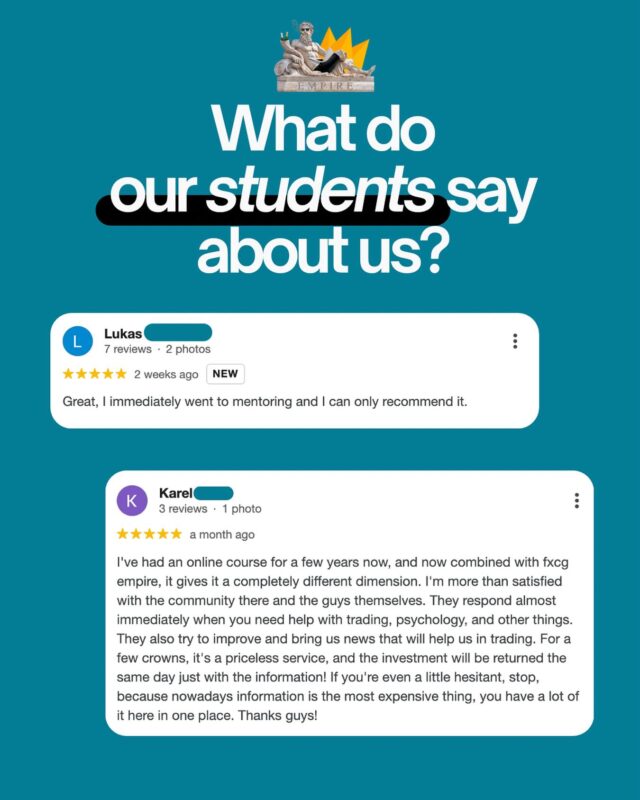 🔹 What do our students say about us? 🔹

We don't just offer courses to our community. You can become part of our Discord EMPIRE trading group. It's not a group just about signals and analysis - it's a space where we pass on know-how, share strategies and grow together.

📊 Real-time fundamental news
📈 Technical analysis and trading outlooks
🤝 Support from experienced traders